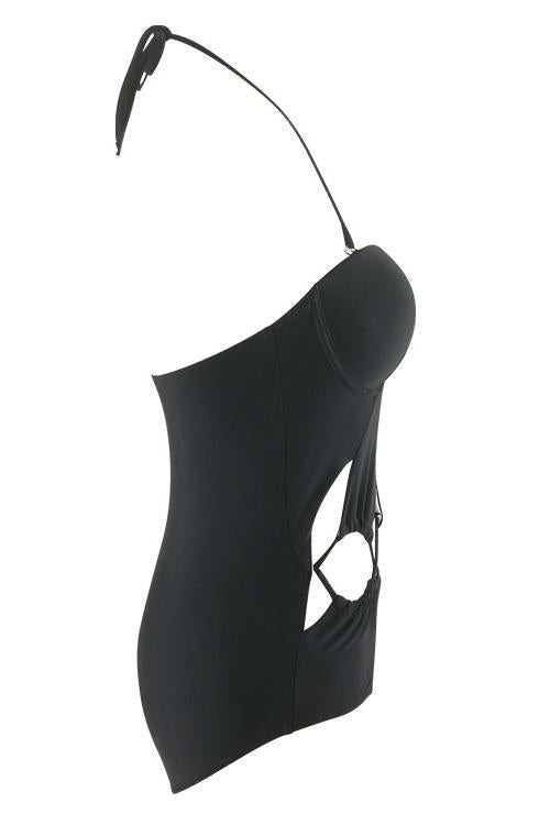 Black Strappy Lace Up Cutout Push Up Halter Sexy One Piece Swimsuit