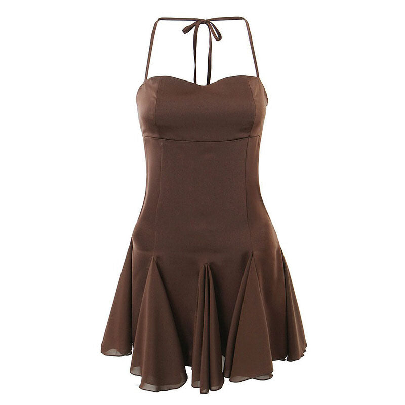Halter Spaghetti Strap Godet Flare Ruffled Hem Mini Dress