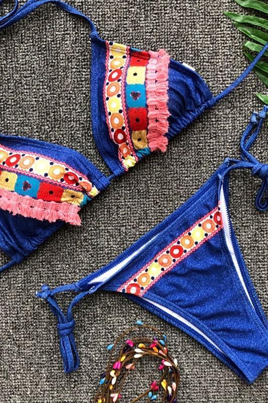 Blue Tribal Embroidery Triangle String Cheeky Thong Side Tie Sexy Bikini Swimsuit