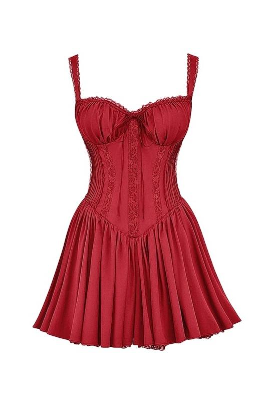 Lace Trim Sweetheart Ruched Bust Corset Bodice Pleated Fit and Flare Mini Dress