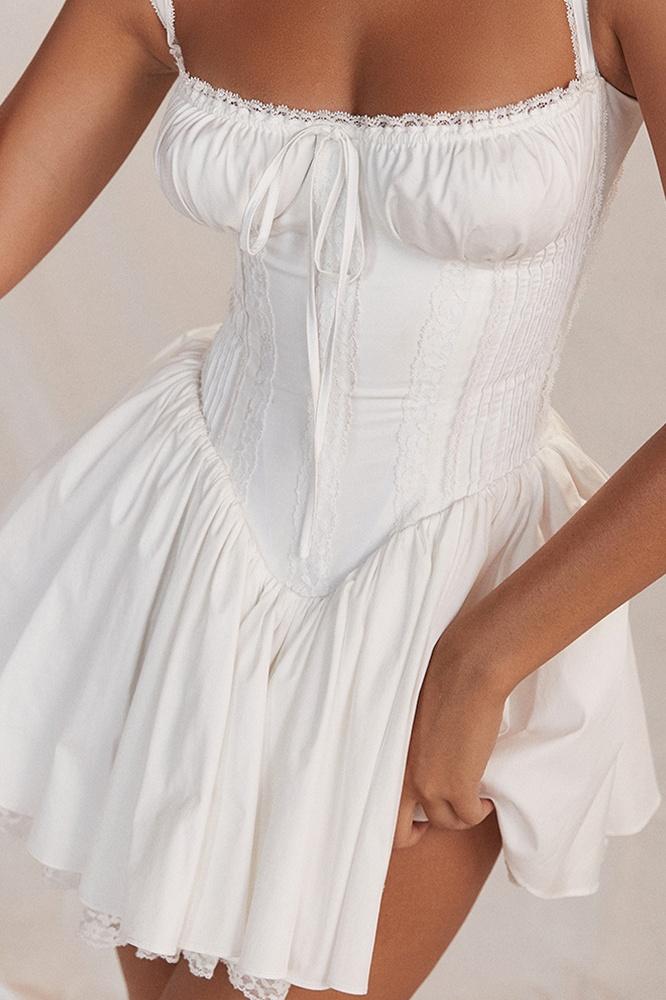 Lace Trim Sweetheart Ruched Bust Corset Bodice Pleated Fit and Flare Mini Dress 6