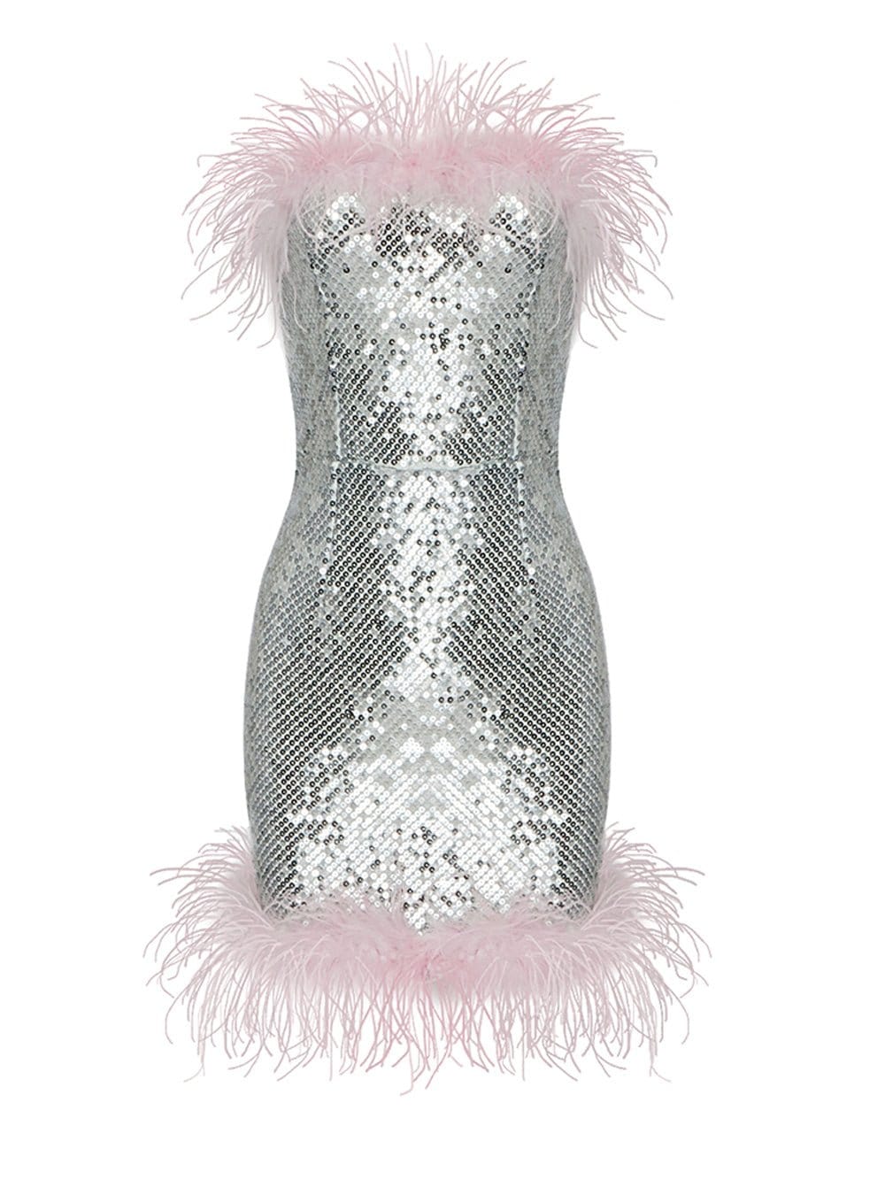 Sequin Strapless Feather Trim Bodycon Mini Dress