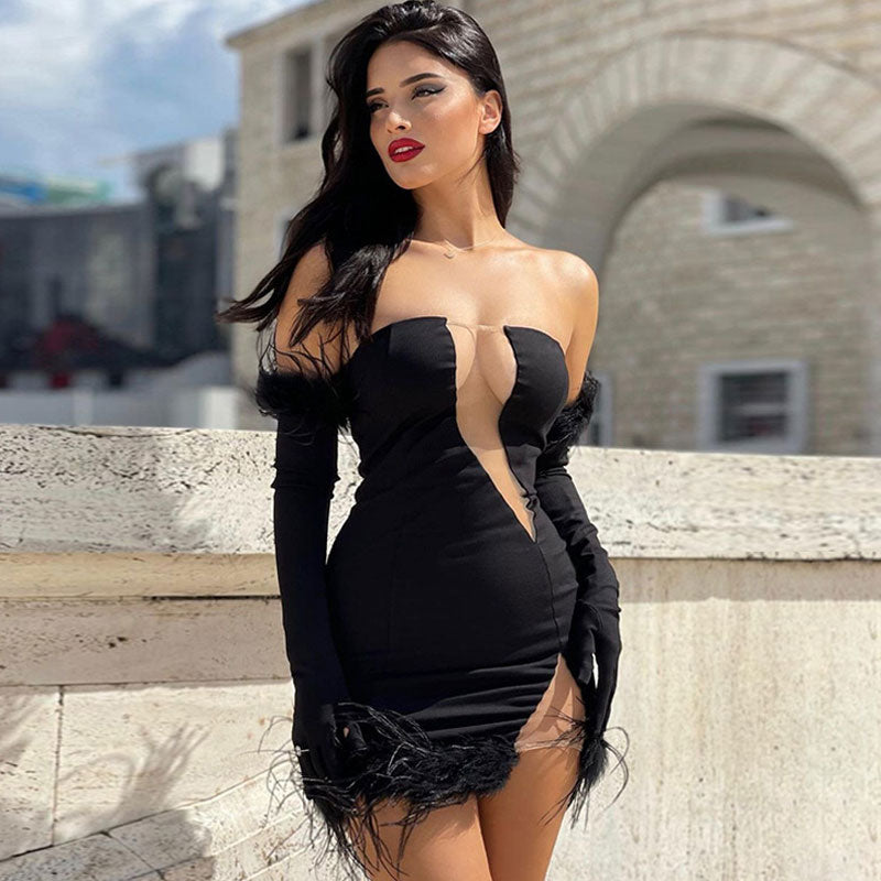 Strapless Plunge Mesh Feather Trim Opera Glove Mini Dress