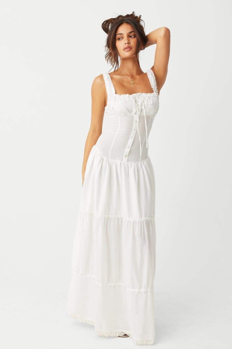 Square Neck Ruffle Strap Tiered Button Placket Maxi Dress 4