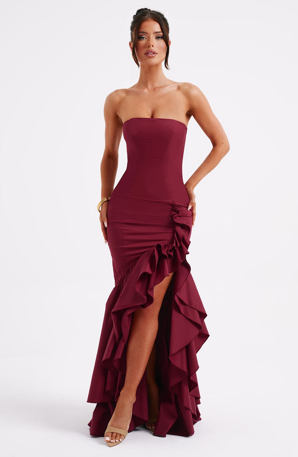 Strapless Corset Bodice Cascading Ruffle High Slit Mermaid Maxi Gown