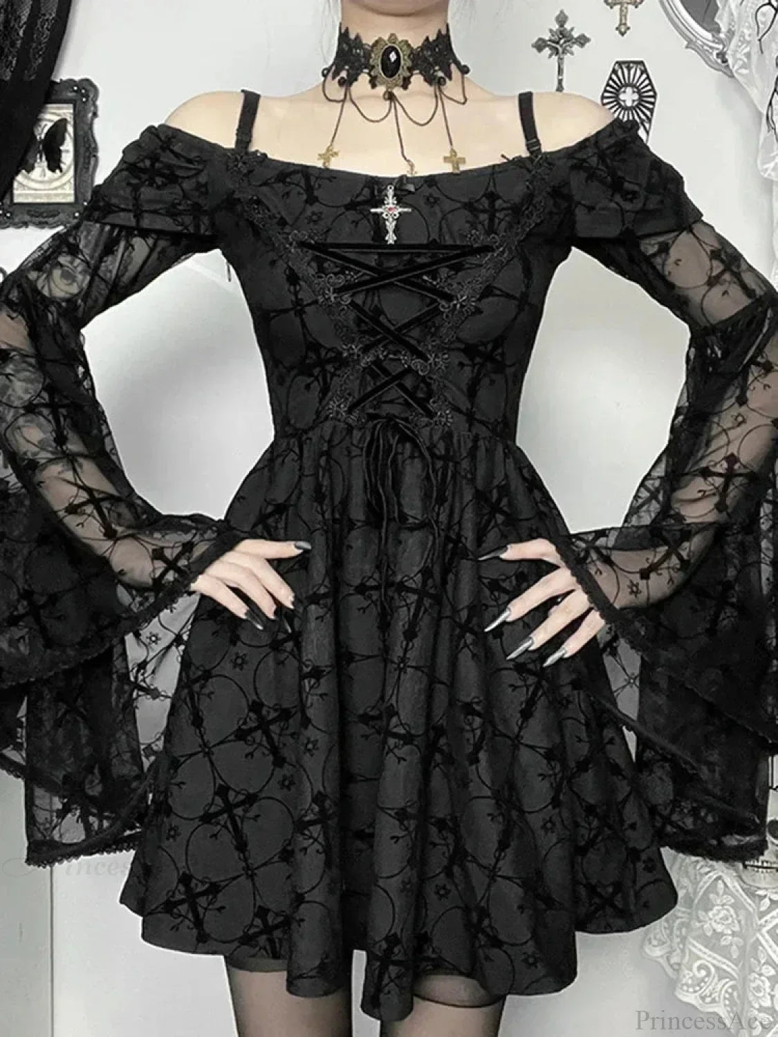 Gothic Cross Print Off-Shoulder Lace-Up Corset Bell Sleeve A-Line Mini Dress 2