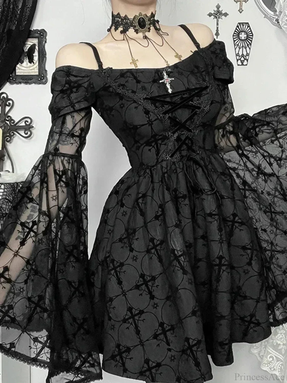 Gothic Cross Print Off-Shoulder Lace-Up Corset Bell Sleeve A-Line Mini Dress