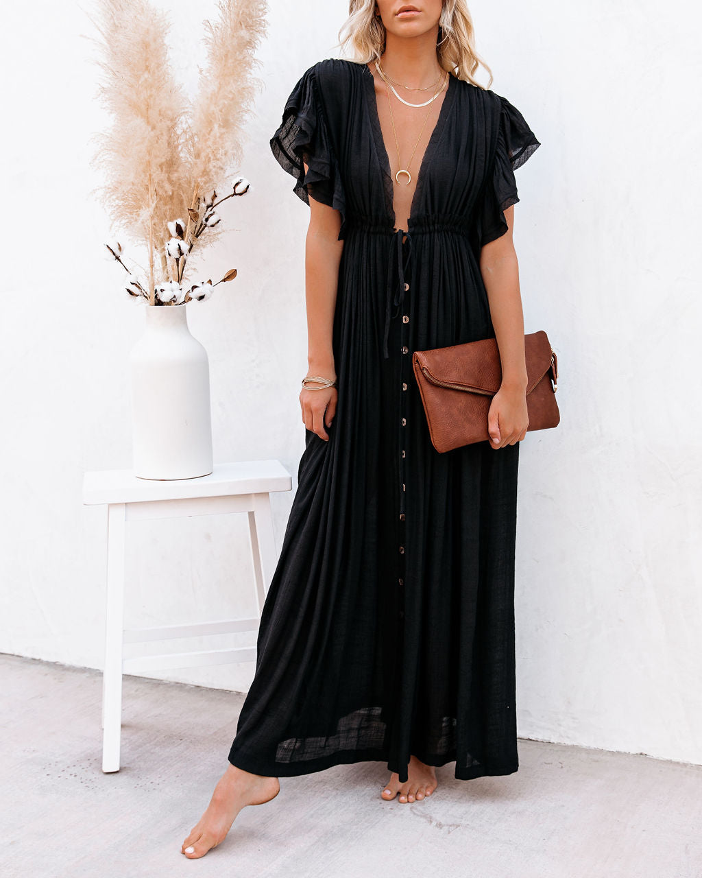 Collared Button Down Long Sleeve Pocketed Tiered Ruffle Maxi Shirt Dress 9