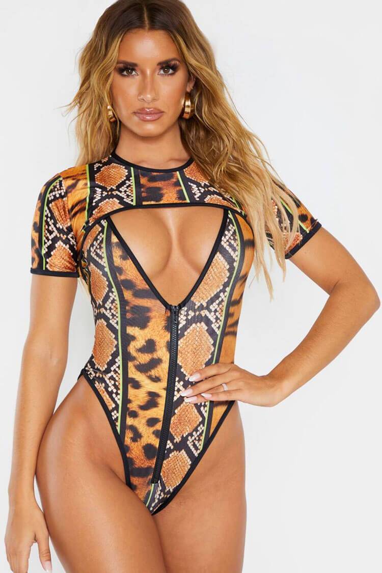 Animal Pattern Sleeved Zip Front High Leg Two Piece Swimsuit