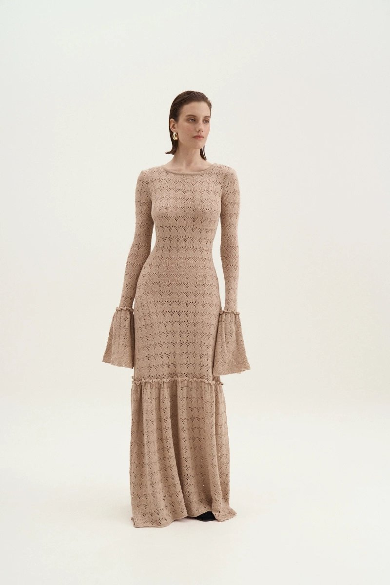 Boat Neck Long Sleeve Pointelle Bell Cuff Mermaid Knit Maxi Dress 5