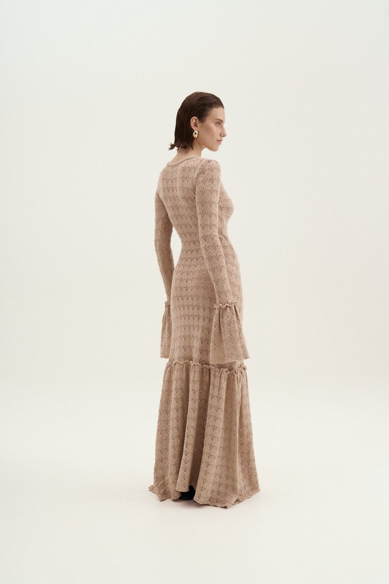 Boat Neck Long Sleeve Pointelle Bell Cuff Mermaid Knit Maxi Dress 6