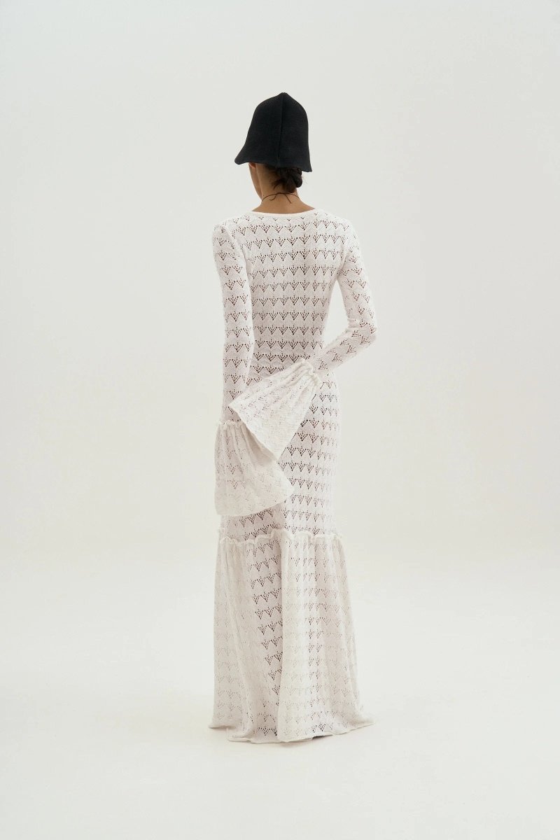 Boat Neck Long Sleeve Pointelle Bell Cuff Mermaid Knit Maxi Dress 3