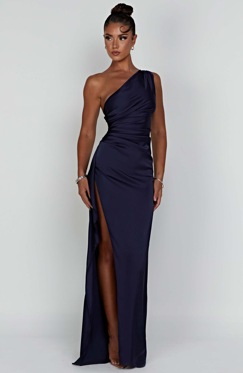 Satin One Shoulder Ruched Waist High Split Maxi Dress 8