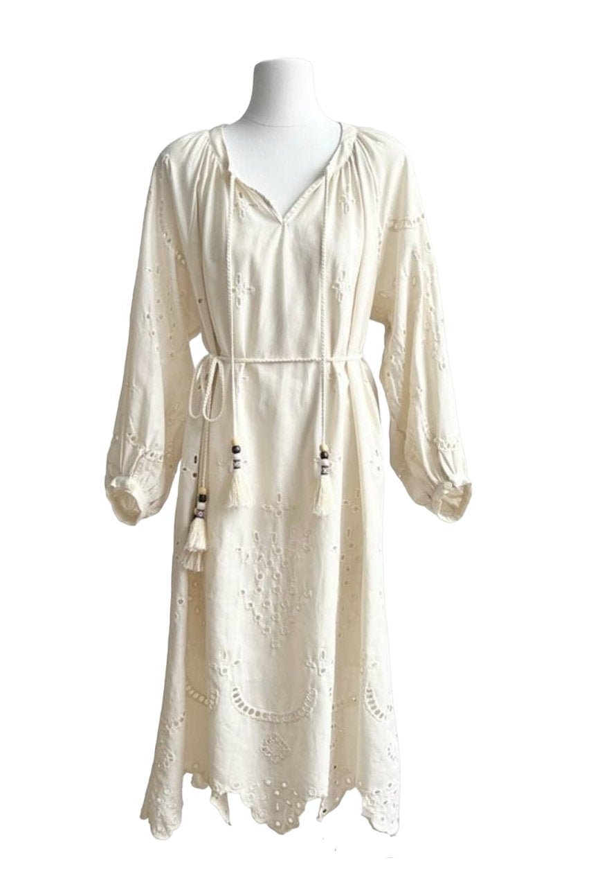 Eyelet Embroidery Tassel Tie Puff Sleeve Scalloped Hem Midi Dress 6