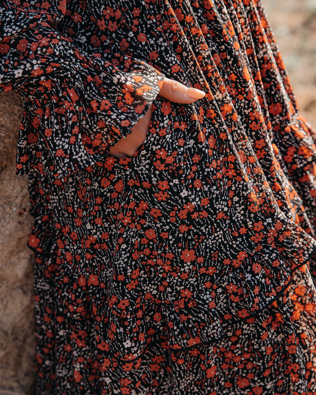 Deep V Neck Bishop Sleeve Smocked Waist Tiered Floral Maxi Dress 4