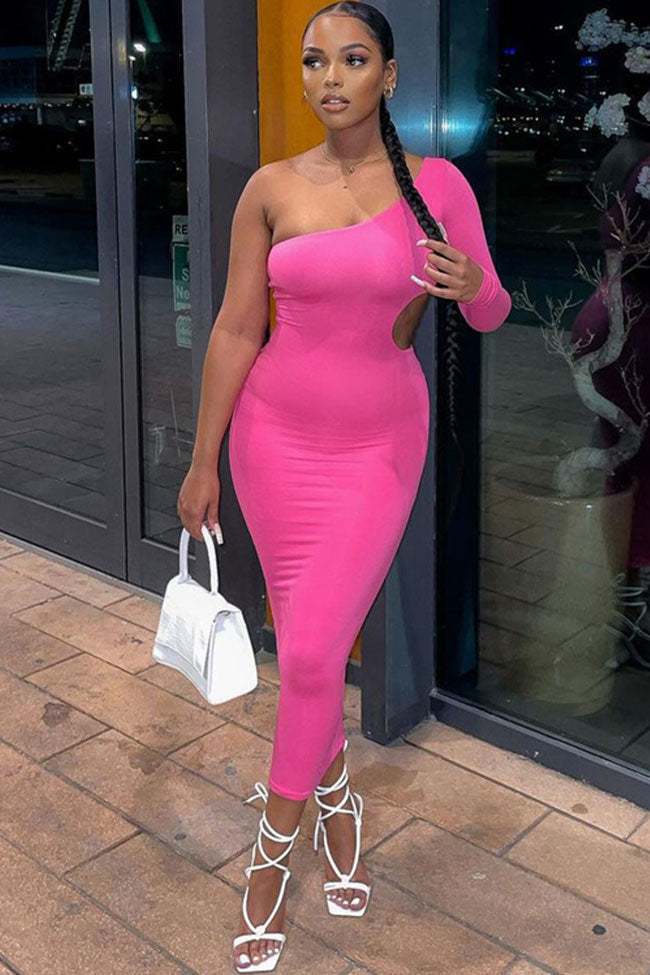 One Shoulder Long Sleeve Side Cut Out Bodycon Midi Mini Dress