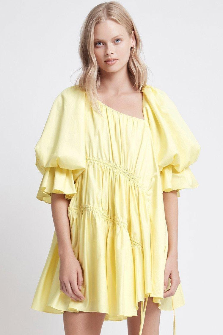 Asymmetric Off Shoulder Puff Sleeve Smocked Drawstring Babydoll Mini Dress