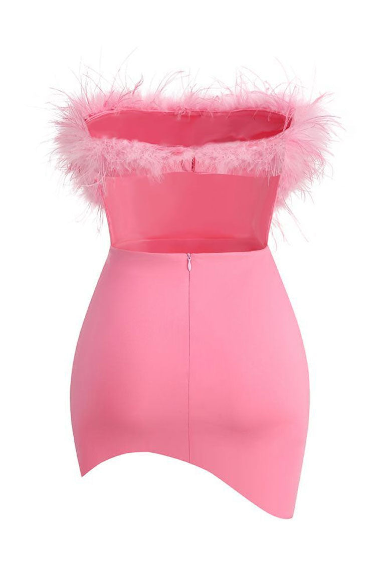 Strapless Ostrich Feather Bandeau Asymmetric Wrap Tulip Hem Bodycon Mini Dress 5