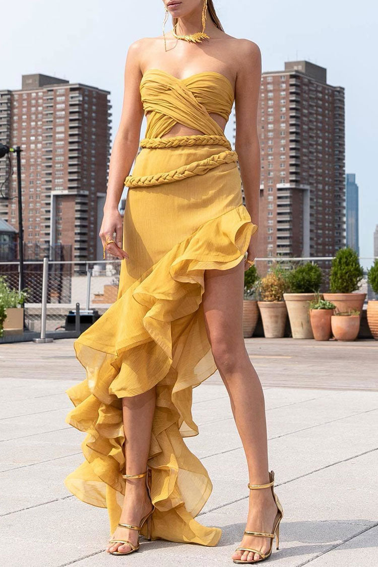 Asymmetrical Braided Waist Strapless Cutout Tiered Ruffle Maxi Gown