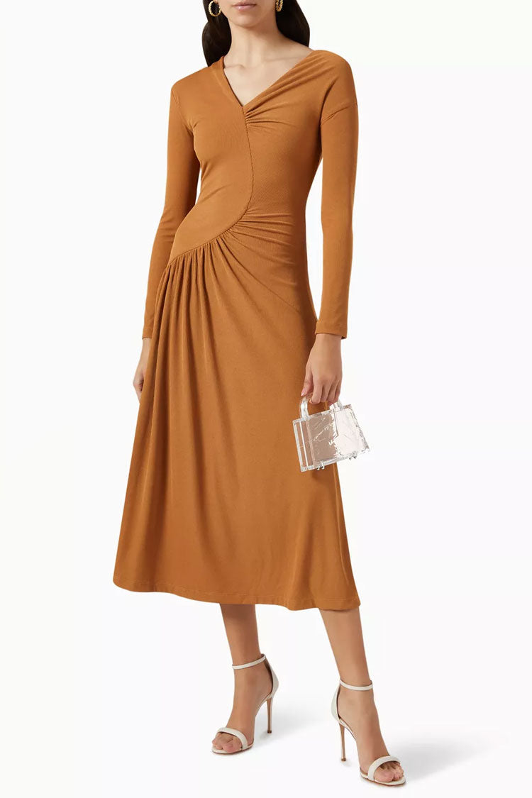 Asymmetrical Ruched Deep V-Neck Long Sleeve Rib-Knit Sunburst Midi Dress
