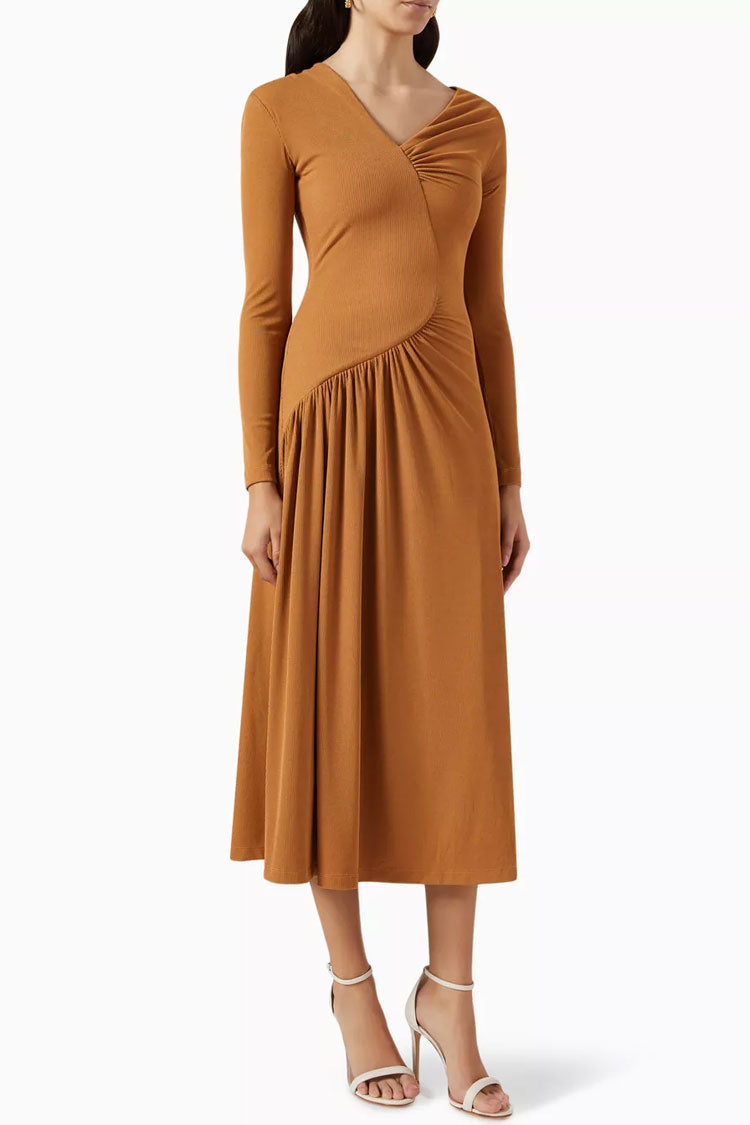 Asymmetrical Ruched Deep V-Neck Long Sleeve Rib-Knit Sunburst Midi Dress 2