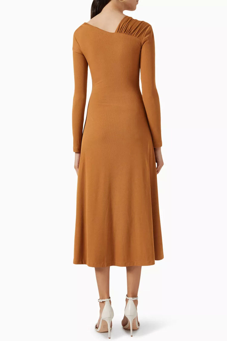 Asymmetrical Ruched Deep V-Neck Long Sleeve Rib-Knit Sunburst Midi Dress 3