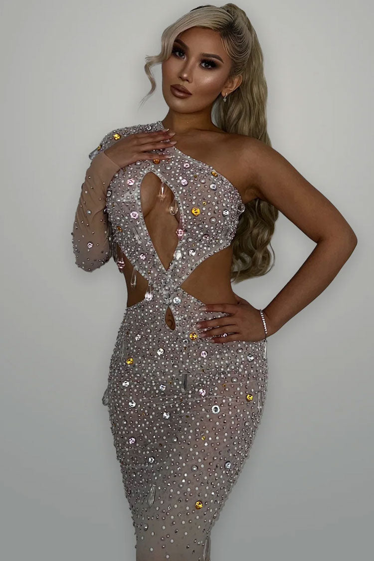 One-Shoulder Long Sleeve Keyhole Cutout Rhinestone Mesh Illusion Maxi Gown 5