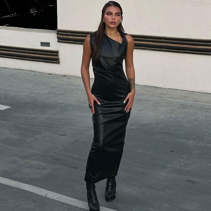 Asymmetrical Neck Twist Trim Sleeveless Faux Leather Maxi Dress