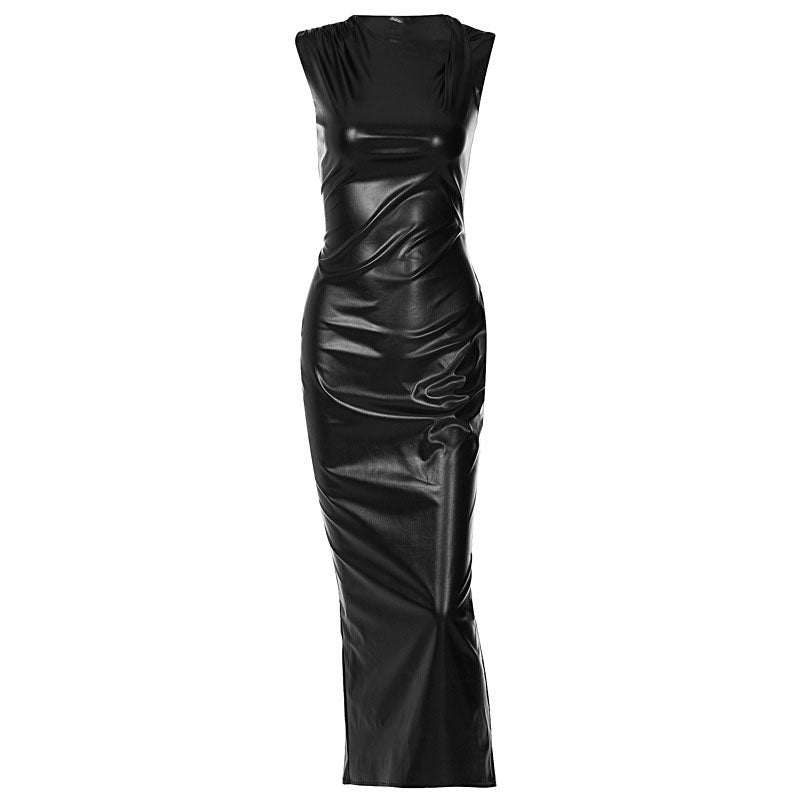 Asymmetrical Neck Twist Trim Sleeveless Faux Leather Maxi Dress 3