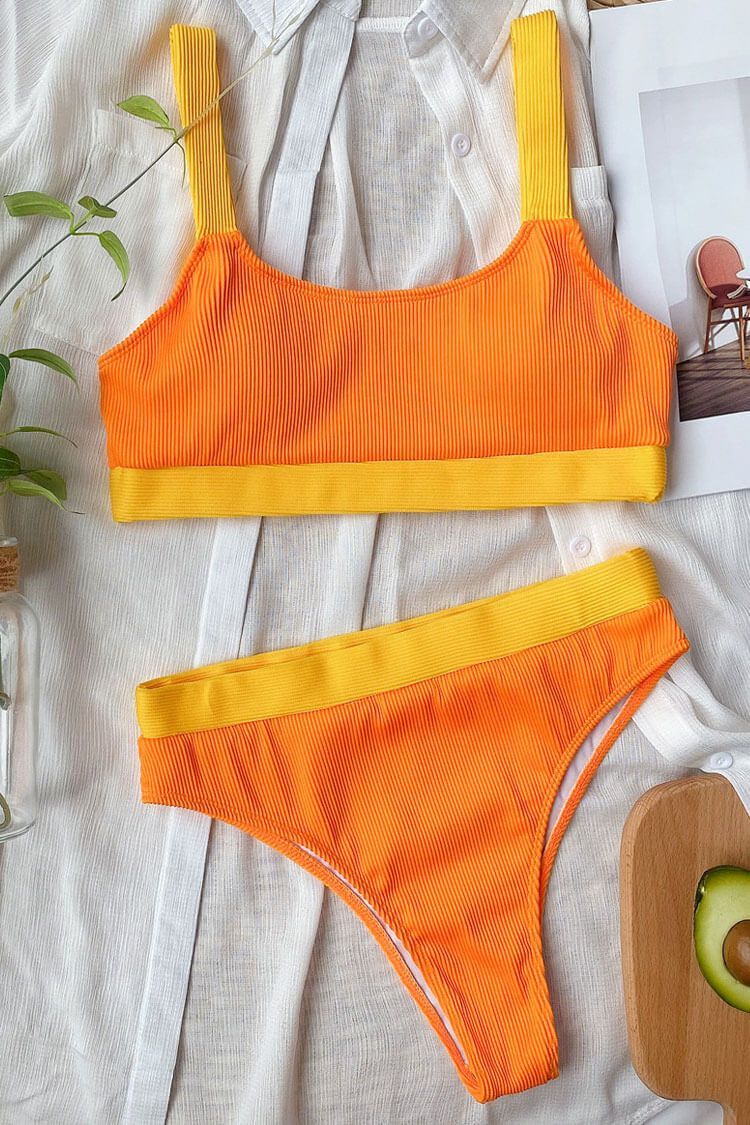 Athletic Contrast Rib High Waist Bralette Bikini Swimsuit - Two Piece Set