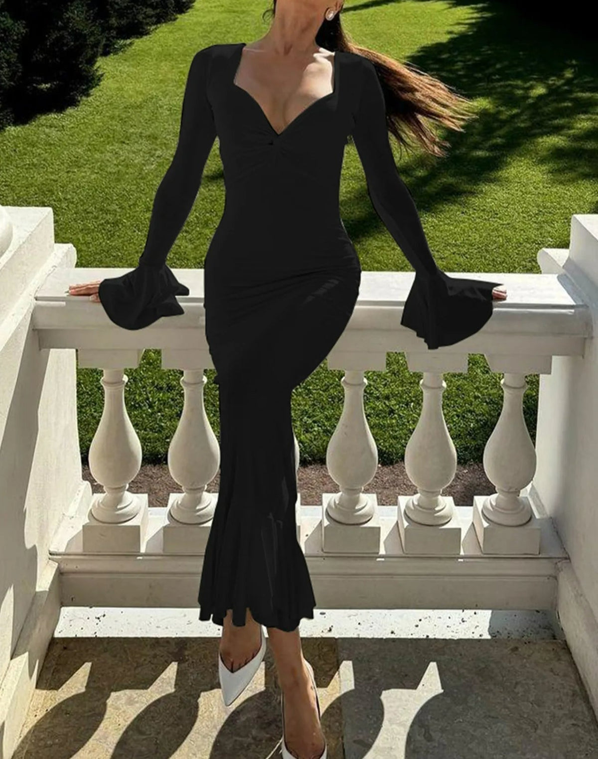 Deep V-Neck Bell Sleeve Shoulder Ruffle Tiered Mermaid Maxi Dress 3