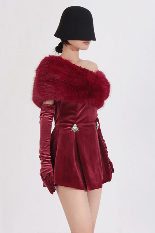 Velvet Strapless Crystal Brooch Peplum Faux Fur Wrap Mini Dress 2