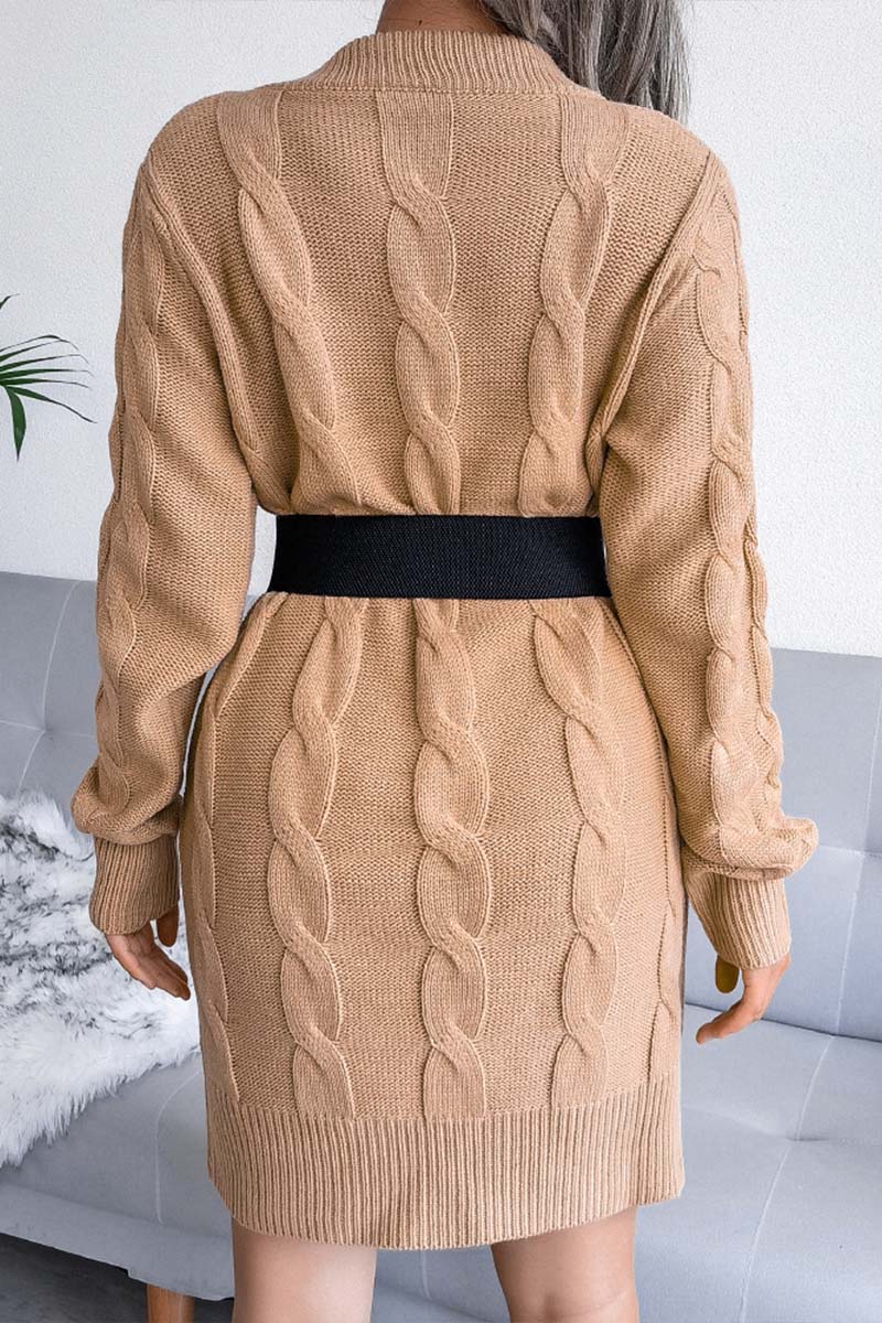 Solid Cable-knit Round Neck Sweater Dress