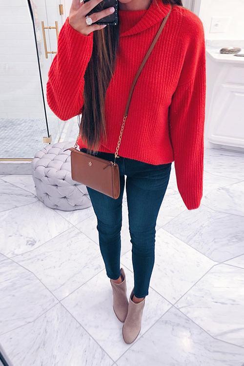Solid Color High Neck Long Sleeve Sweater
