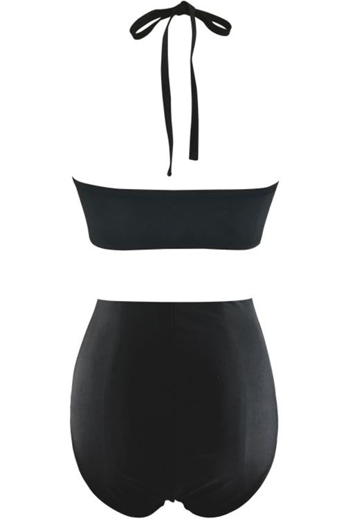Black Halter Strappy Cutout High Waisted Sexy Two Piece Swimsuit