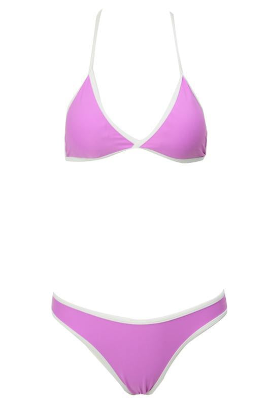 Light Purple Triangle Contrast Trim High Cut Brazilian Bikini Swimsuit