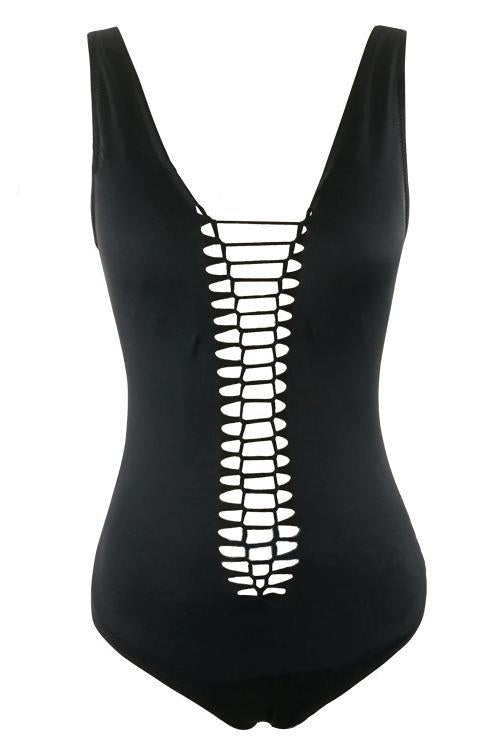 Black Plunging Hollow Out Caged Low Back Sexy One Piece Swimsuit