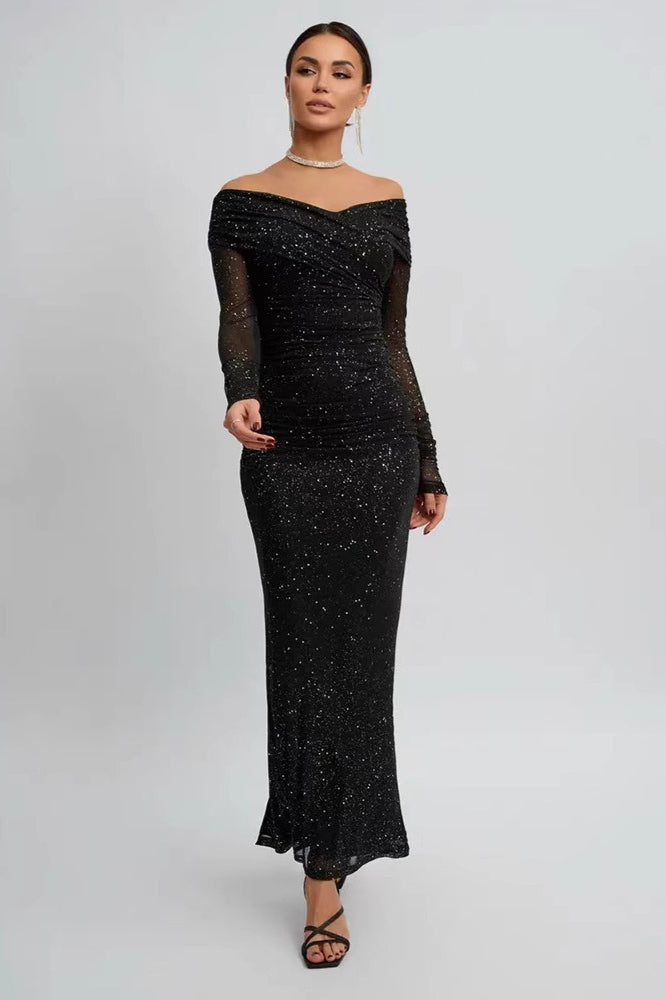 Black Strapless Mesh Long Sleeve Maxi Dress 4