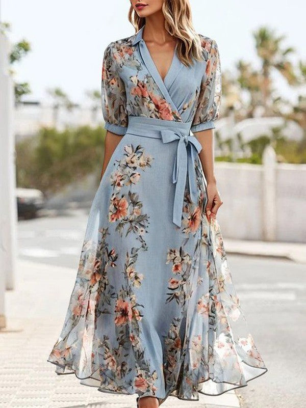 Deep V Wrap Bodice Half Sleeve Tie Belt Pleated Floral Maxi Dress 2