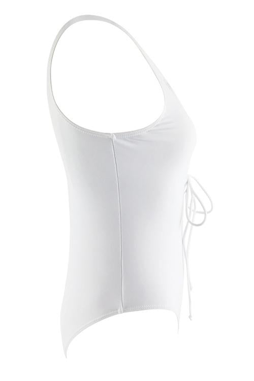 White Strappy Lace Up Plunge Low Back Sexy One Piece Swimsuit