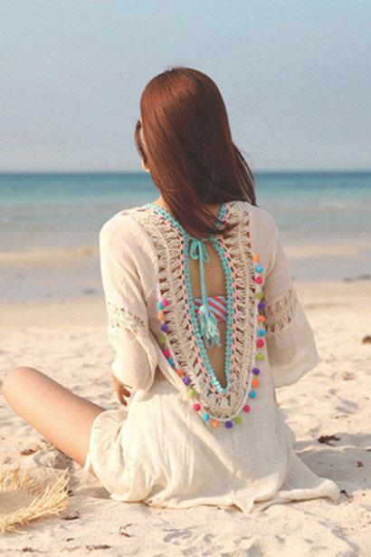 Beige Crochet Backless Tassel Tied Pom Pom Ruffle Sexy Beach Cover Up Tunic