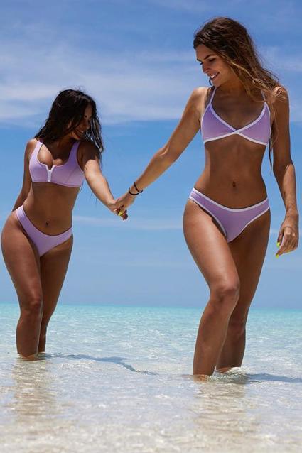 Light Purple Triangle Contrast Trim High Cut Brazilian Bikini Swimsuit
