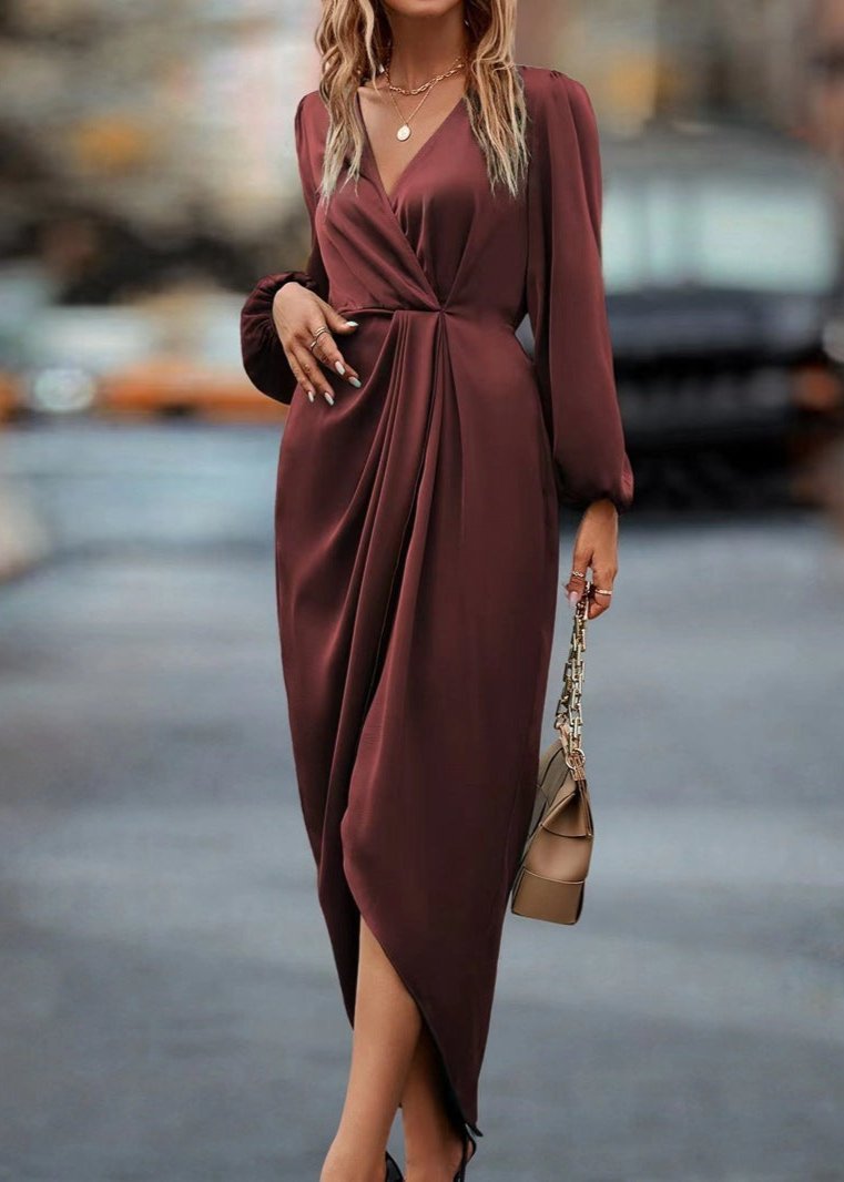 Wrap V-Neck Bishop Sleeve Twist-Waist Draped Midi Dress 4