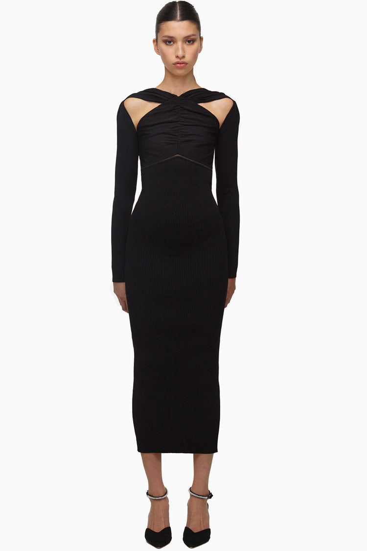 Halter Neck Shoulder Cutout Ruched Rib Knit Midi Dress