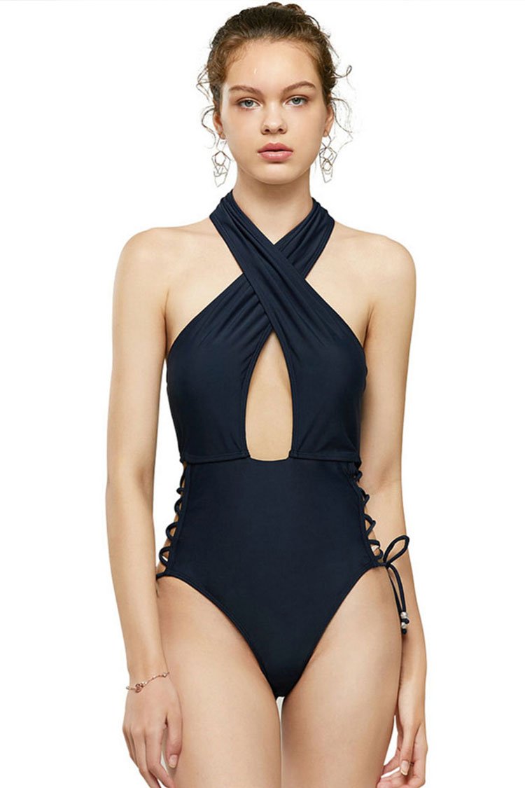 Backless Side Lace Up Cross Halter One Piece Swimsuit