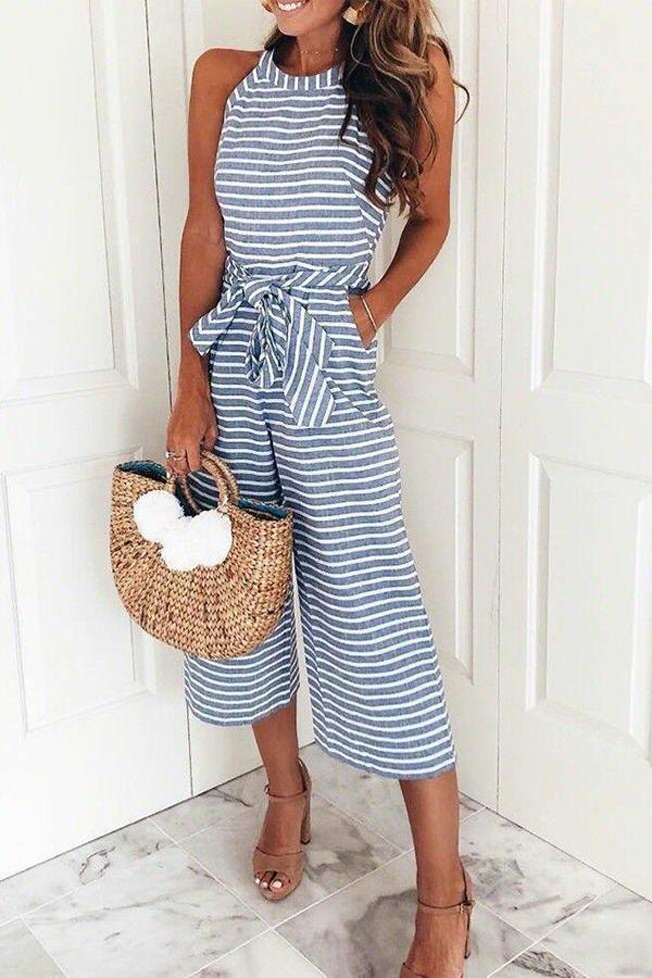 Bohemian Round Neck Striped Jumpsuits