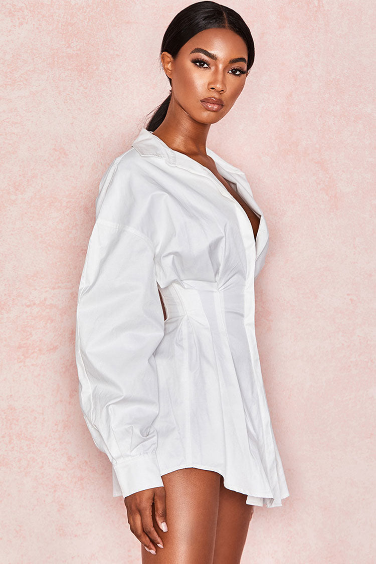 Balloon Sleeve Plunging Collar Corset Waist Button Front Mini Shirt Dress 3