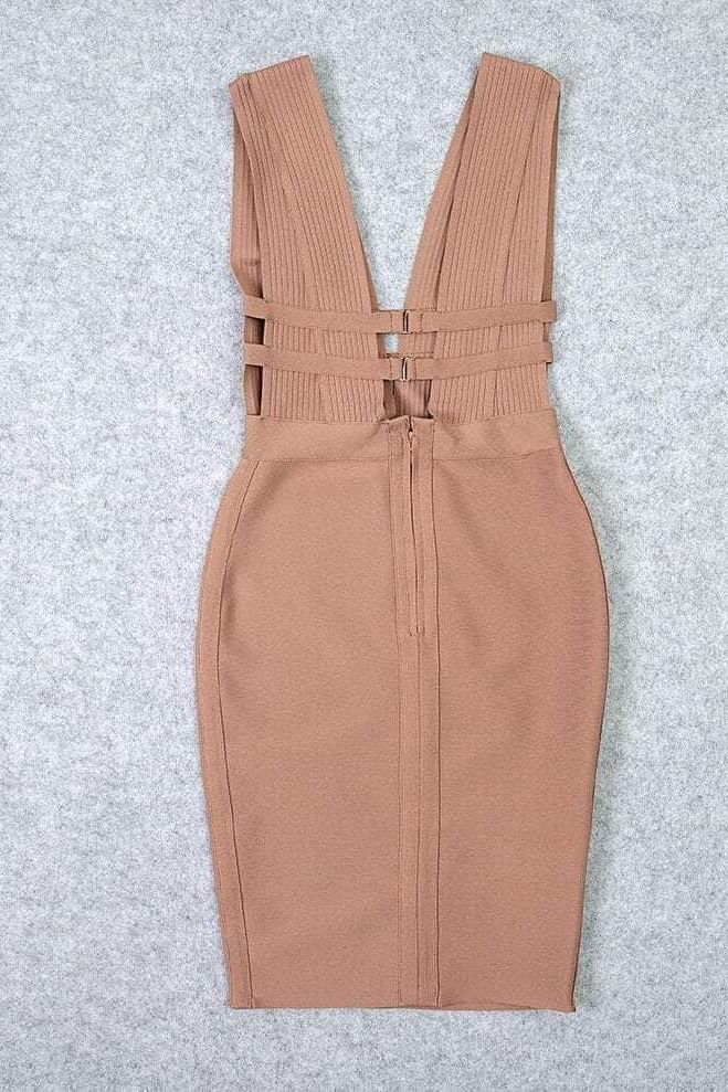 Nude Bandage Deep V-Neck Ribbed Bodice Cut Out Midi Dress 10