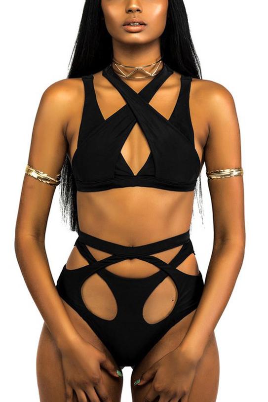 Black Strappy Caged Bandage Cutout High Waisted Sexy Bikini Bathing Suit