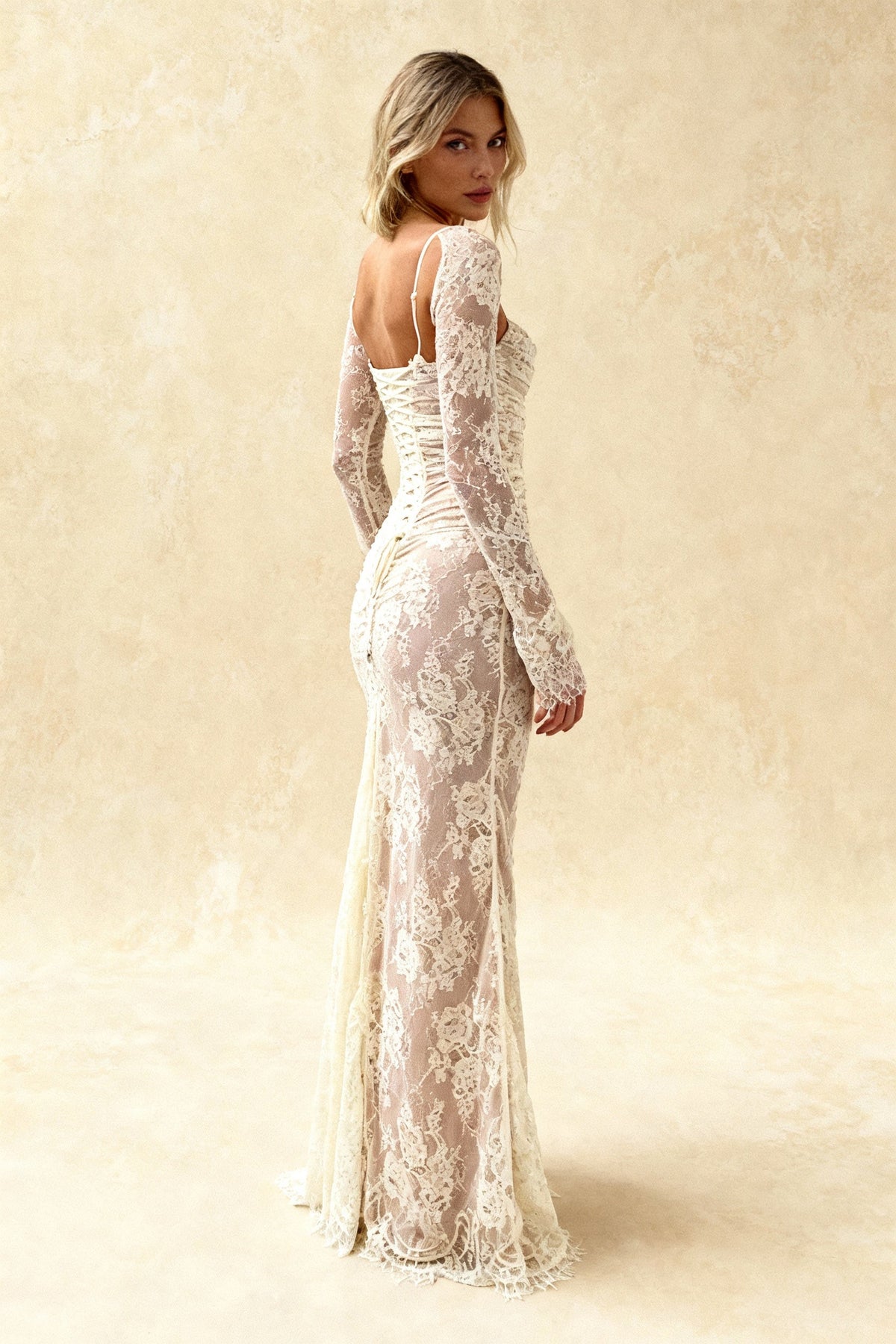 Floral Lace Square Neck Spaghetti Strap Ruched Long Sleeve Bolero Maxi Dress 3